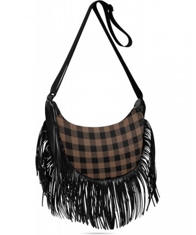 Tartan Coffee Brown Plaid Fringe Bag for Women Cross Body Bag Tassel Shoulder Bag Satchel $11.34 Shoulder Bags