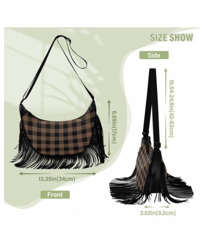 Tartan Coffee Brown Plaid Fringe Bag for Women Cross Body Bag Tassel Shoulder Bag Satchel $11.34 Shoulder Bags