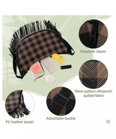 Tartan Coffee Brown Plaid Fringe Bag for Women Cross Body Bag Tassel Shoulder Bag Satchel $11.34 Shoulder Bags