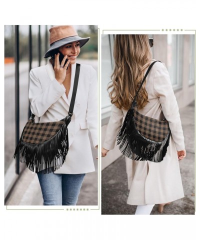 Tartan Coffee Brown Plaid Fringe Bag for Women Cross Body Bag Tassel Shoulder Bag Satchel $11.34 Shoulder Bags