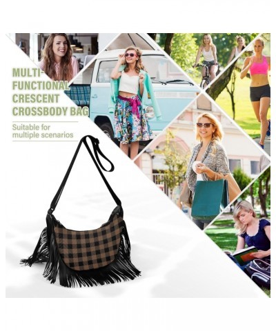 Tartan Coffee Brown Plaid Fringe Bag for Women Cross Body Bag Tassel Shoulder Bag Satchel $11.34 Shoulder Bags