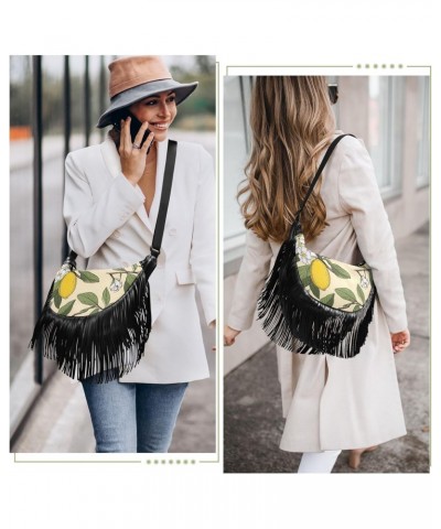 Lemon White Flowers Leaves Tassel Crossbody Handbags for Women Ample Capacity Shoulder Bag with Adjustable Strap Durable Shou...