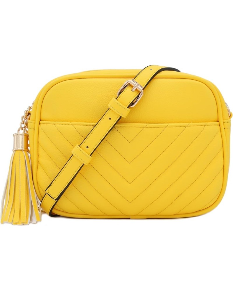 Chevron Quilted Crossbody Camera Bag with Chain Strap and Tassel Yellow $12.01 Crossbody Bags