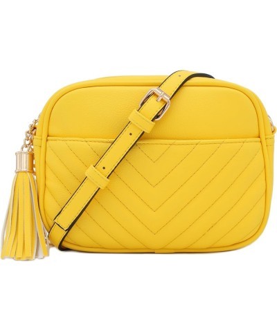 Chevron Quilted Crossbody Camera Bag with Chain Strap and Tassel Yellow $12.01 Crossbody Bags