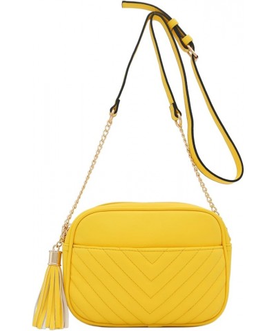 Chevron Quilted Crossbody Camera Bag with Chain Strap and Tassel Yellow $12.01 Crossbody Bags