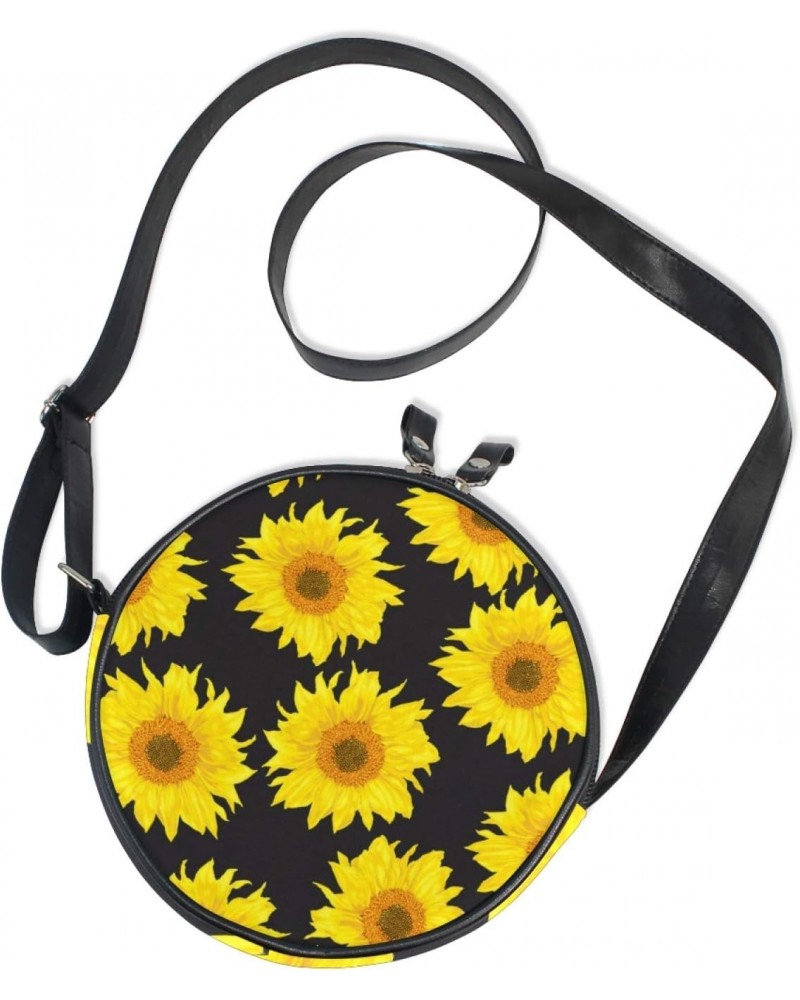 Bright Sunflowers On A Black Crossbody Bag Small Canvas Shoulder Round Bag for Women $10.25 Crossbody Bags