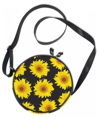 Bright Sunflowers On A Black Crossbody Bag Small Canvas Shoulder Round Bag for Women $10.25 Crossbody Bags