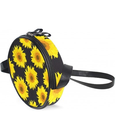 Bright Sunflowers On A Black Crossbody Bag Small Canvas Shoulder Round Bag for Women $10.25 Crossbody Bags