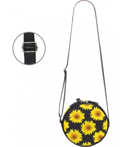 Bright Sunflowers On A Black Crossbody Bag Small Canvas Shoulder Round Bag for Women $10.25 Crossbody Bags