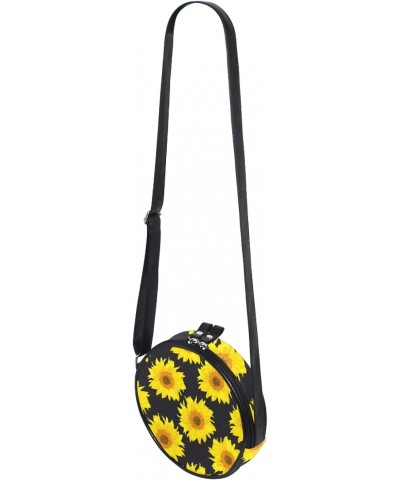 Bright Sunflowers On A Black Crossbody Bag Small Canvas Shoulder Round Bag for Women $10.25 Crossbody Bags