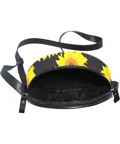 Bright Sunflowers On A Black Crossbody Bag Small Canvas Shoulder Round Bag for Women $10.25 Crossbody Bags