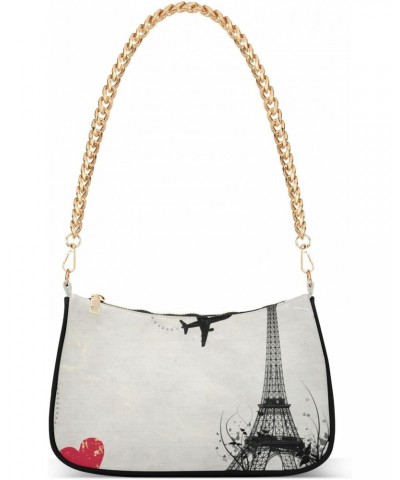 Eiffel Tower Shoulder Bag for Women Fabric Crescent Handbag with Zipper Chain Clutch Purses for Party Girls Travel Concert Te...