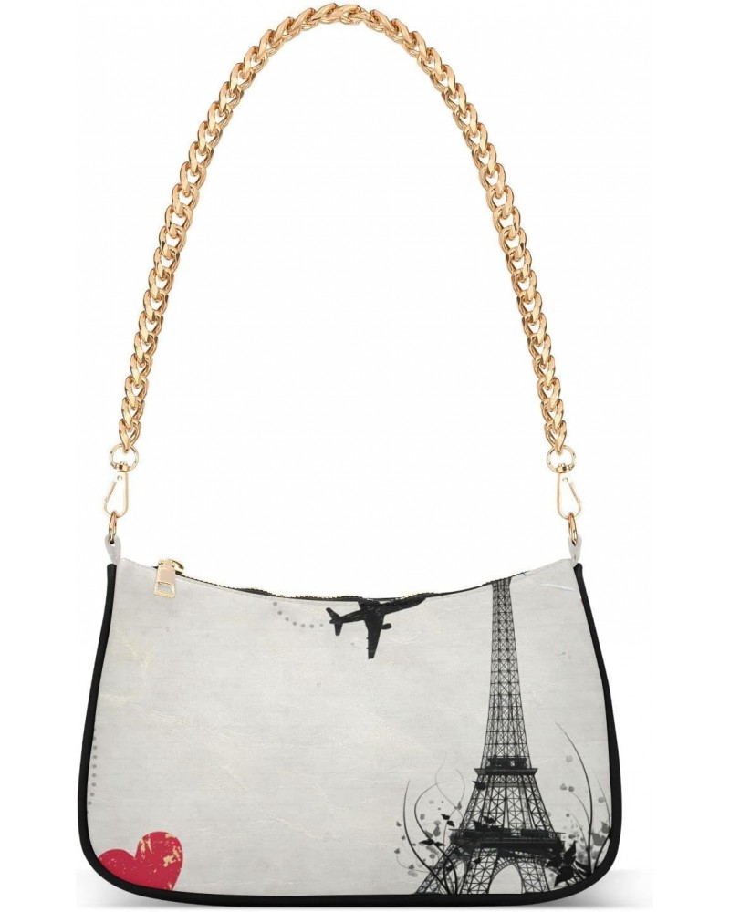 Eiffel Tower Shoulder Bag for Women Fabric Crescent Handbag with Zipper Chain Clutch Purses for Party Girls Travel Concert Te...