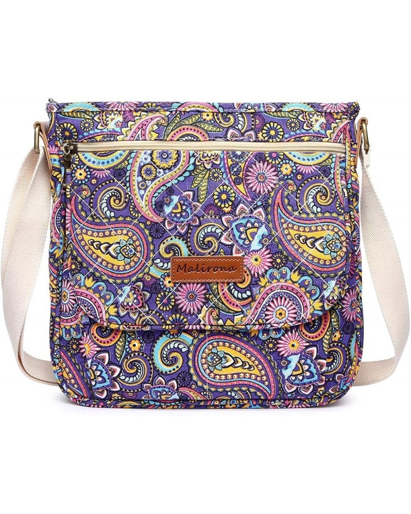 Women 's Durable Floral Crossbody Bag Canvas Messenger Handbag Multi Pocket Travel Satchel Purse Purple Flower $16.17 Satchels