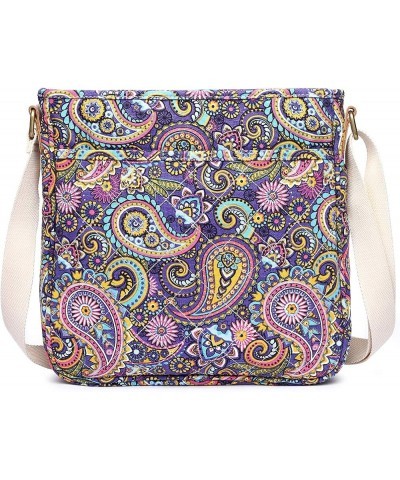 Women 's Durable Floral Crossbody Bag Canvas Messenger Handbag Multi Pocket Travel Satchel Purse Purple Flower $16.17 Satchels