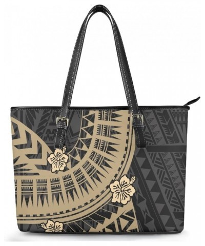 Women's Polynesian Flower 3D Printed PU Leather Tote Bag Top Handle Adjustable Satchel Handbags Brown Polynesian Hibiscus $21...