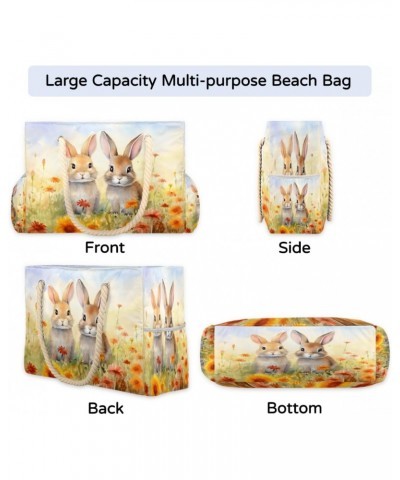 Watercolor Painting Bunny Beach Bags for Women Large Tote Bag with Zipper and Pockets Waterproof Sandproof Accessories Swim P...