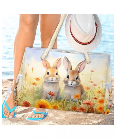 Watercolor Painting Bunny Beach Bags for Women Large Tote Bag with Zipper and Pockets Waterproof Sandproof Accessories Swim P...