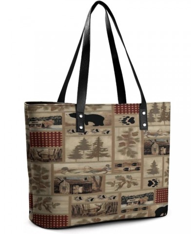 Rustic Check Plaid Cabin Wild Lodge Moose Bear Women Tote Bags Top Handle Satchel Handbags Faux Leather Tassel Shoulder Purse...