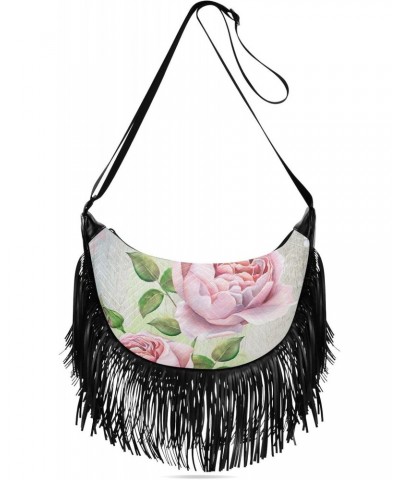 Vintage Pink Roses and Bird Crossbody Bag for Women Fringe Shoulder Bag with Adjustable Strap $15.92 Crossbody Bags