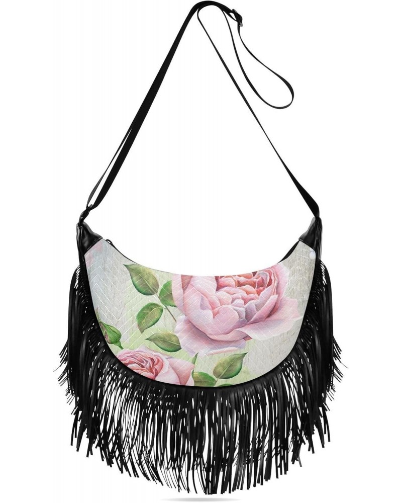 Vintage Pink Roses and Bird Crossbody Bag for Women Fringe Shoulder Bag with Adjustable Strap $15.92 Crossbody Bags