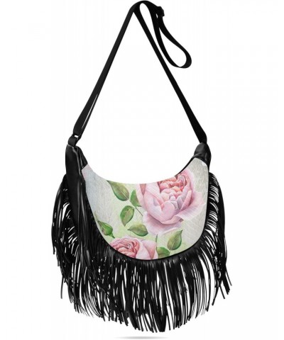 Vintage Pink Roses and Bird Crossbody Bag for Women Fringe Shoulder Bag with Adjustable Strap $15.92 Crossbody Bags