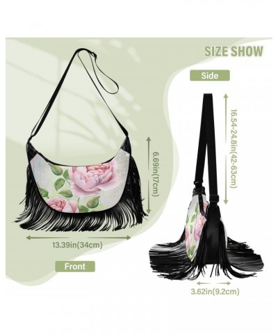 Vintage Pink Roses and Bird Crossbody Bag for Women Fringe Shoulder Bag with Adjustable Strap $15.92 Crossbody Bags