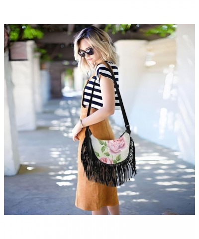 Vintage Pink Roses and Bird Crossbody Bag for Women Fringe Shoulder Bag with Adjustable Strap $15.92 Crossbody Bags