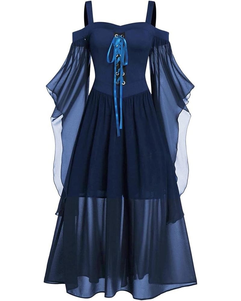 Womens Renaissance Cosplay Costume Christmas Cosplay Party Dress Halloween Dress Trumpet Sleeves Chemise Boho Set 1-navy $7.4...