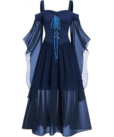 Womens Renaissance Cosplay Costume Christmas Cosplay Party Dress Halloween Dress Trumpet Sleeves Chemise Boho Set 1-navy $7.4...