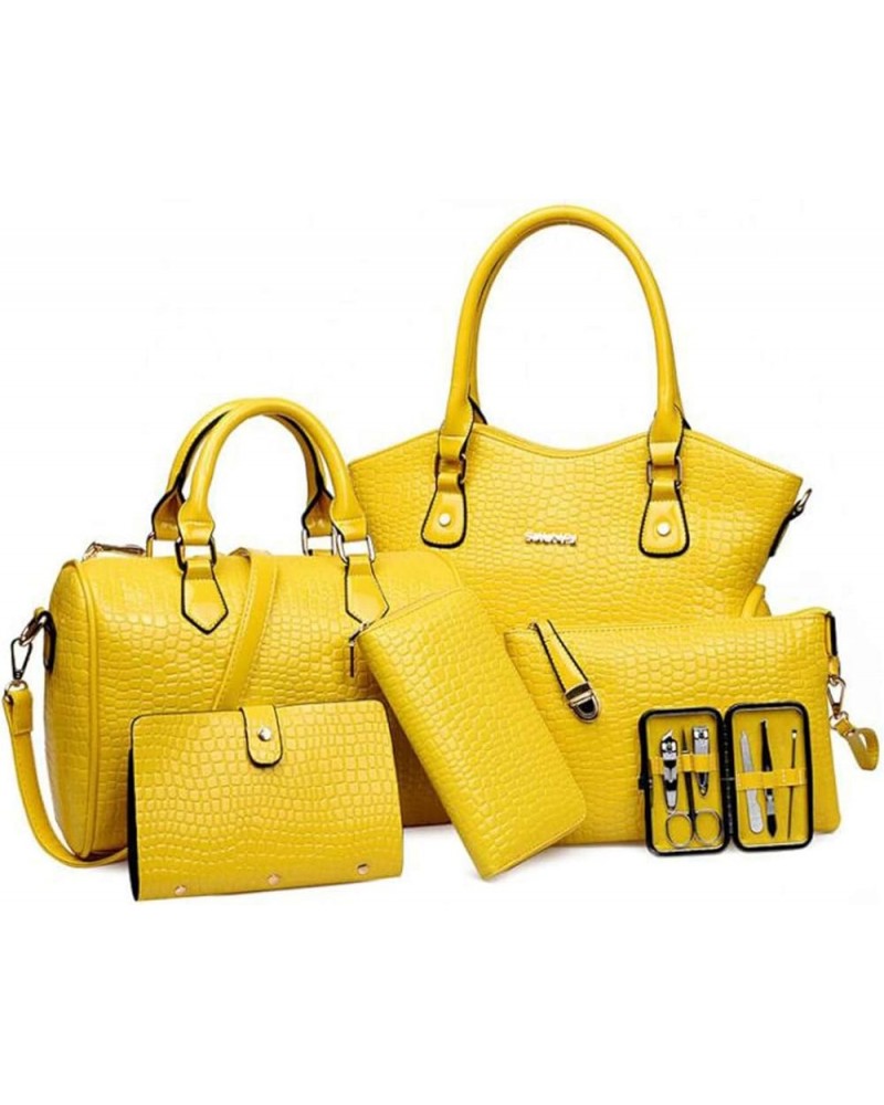 Women PU Leather 6pcs Set Handbag Tote Shoulder Bags Top-handle Satchel Purses Cltuch Yellow $29.49 Crossbody Bags