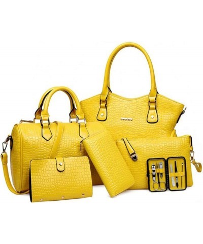 Women PU Leather 6pcs Set Handbag Tote Shoulder Bags Top-handle Satchel Purses Cltuch Yellow $29.49 Crossbody Bags