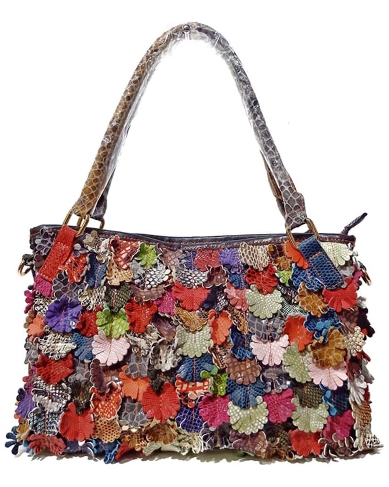 3D Multicolored Floral Spliced Shoulder Handbag for Women Leather Colorful Top-handle Purse Shopper Christmas Satchel Multico...