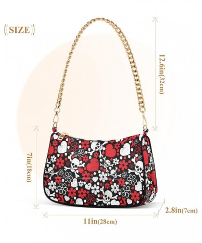 Red Skulls Flowers Hearts Women Shoulder Bag Clutch Chain Purse Handbags with Zipper Pocket Tote Hobo Bag for Shopping Vacati...