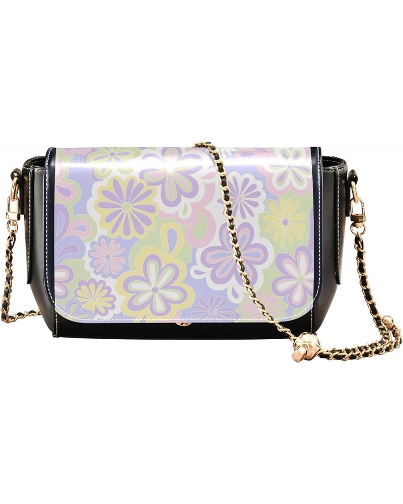 Colorful Floral Groovy Flowers Leather Shoulder Bags Black Crossbody Purses for Women Wallet Handbag with Chain Strap Floral ...