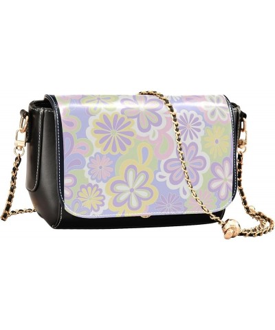 Colorful Floral Groovy Flowers Leather Shoulder Bags Black Crossbody Purses for Women Wallet Handbag with Chain Strap Floral ...