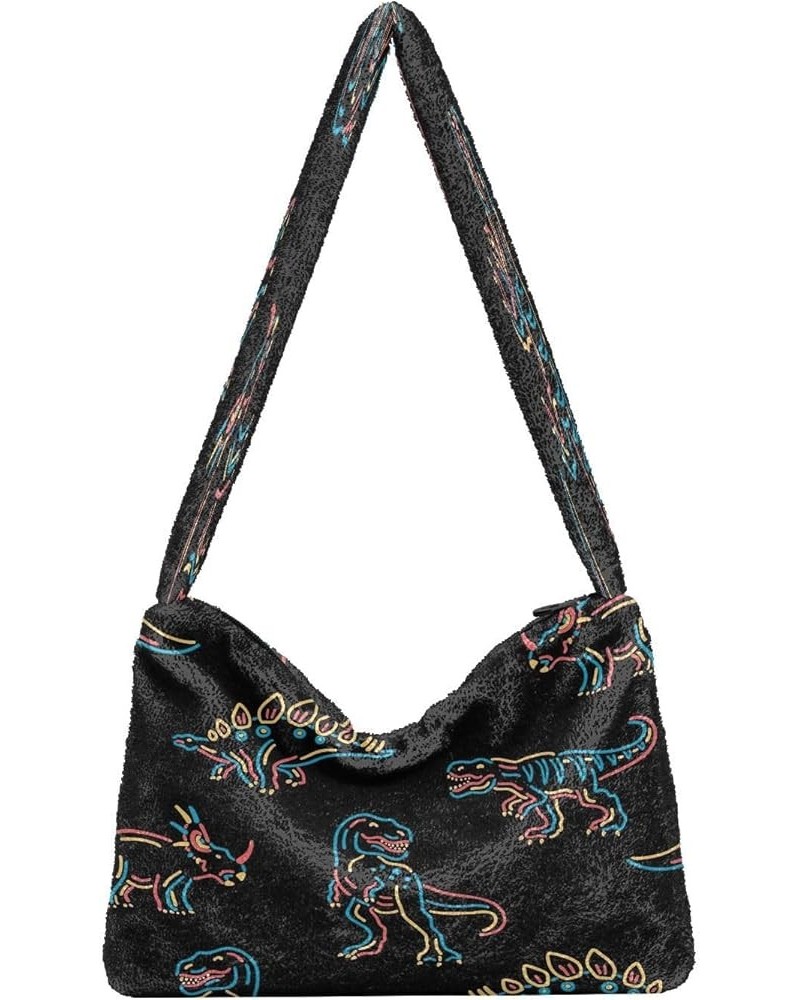 Floral Printed Colorful Shoulder Handbag Purse, Fuzzy Tote Crossbody Hobo Bags Dinosaurs Cartoon Black $12.59 Totes