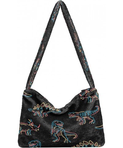 Floral Printed Colorful Shoulder Handbag Purse, Fuzzy Tote Crossbody Hobo Bags Dinosaurs Cartoon Black $12.59 Totes