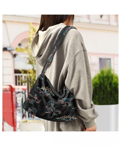 Floral Printed Colorful Shoulder Handbag Purse, Fuzzy Tote Crossbody Hobo Bags Dinosaurs Cartoon Black $12.59 Totes