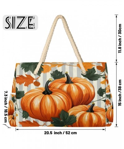 Pumpkins Leaves Striped Beach Bags for Women Large Tote Bag with Zipper and Pockets Waterproof Sandproof Accessories Swim Poo...