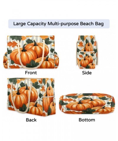 Pumpkins Leaves Striped Beach Bags for Women Large Tote Bag with Zipper and Pockets Waterproof Sandproof Accessories Swim Poo...