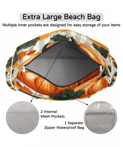 Pumpkins Leaves Striped Beach Bags for Women Large Tote Bag with Zipper and Pockets Waterproof Sandproof Accessories Swim Poo...