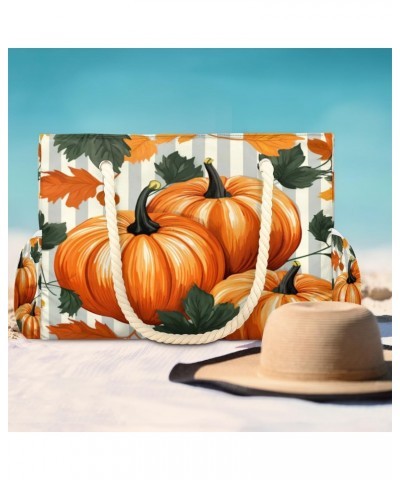 Pumpkins Leaves Striped Beach Bags for Women Large Tote Bag with Zipper and Pockets Waterproof Sandproof Accessories Swim Poo...