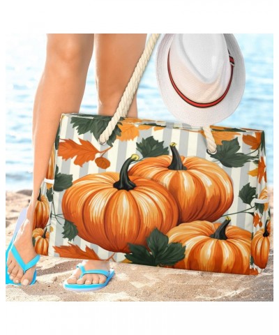 Pumpkins Leaves Striped Beach Bags for Women Large Tote Bag with Zipper and Pockets Waterproof Sandproof Accessories Swim Poo...