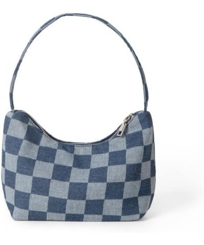 Women's summer denim shoulder bag casual checkerboard underarm bag Deep Blue Plaid Pattern $13.24 Shoulder Bags