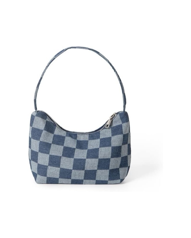 Women's summer denim shoulder bag casual checkerboard underarm bag Deep Blue Plaid Pattern $13.24 Shoulder Bags