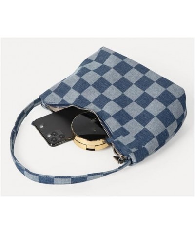 Women's summer denim shoulder bag casual checkerboard underarm bag Deep Blue Plaid Pattern $13.24 Shoulder Bags