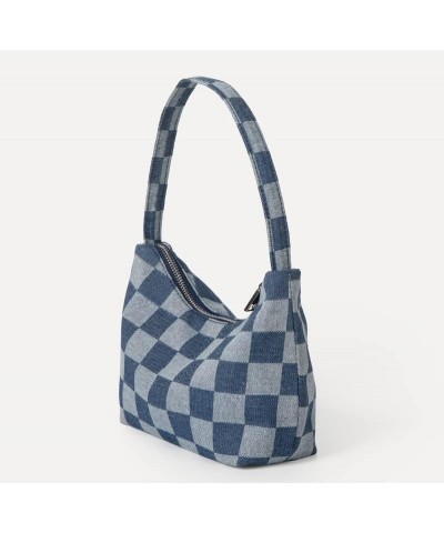 Women's summer denim shoulder bag casual checkerboard underarm bag Deep Blue Plaid Pattern $13.24 Shoulder Bags