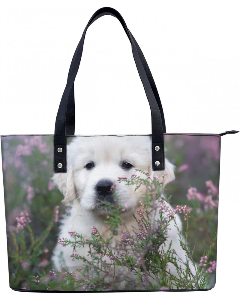 The Lovely Puppy Is In The Flowers Tote Bag Lightweight Handbag for Shopping Gym Hiking Travel Pool Yoga Shoulder Bag with Ou...