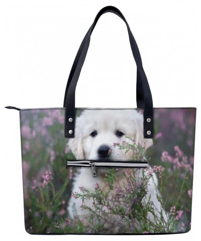 The Lovely Puppy Is In The Flowers Tote Bag Lightweight Handbag for Shopping Gym Hiking Travel Pool Yoga Shoulder Bag with Ou...